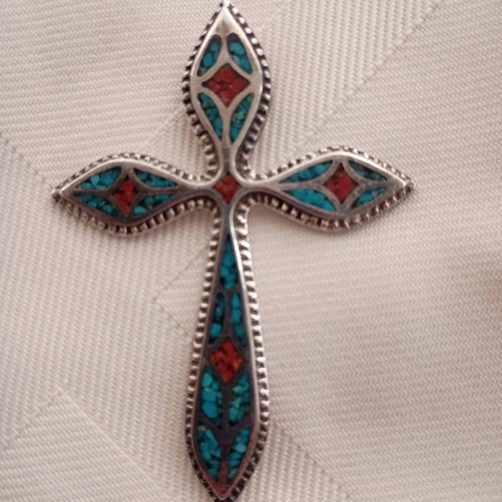 Vtg Southwest Navajo Sterling Silver Cross Red Coral Turquoise Easter Pendant